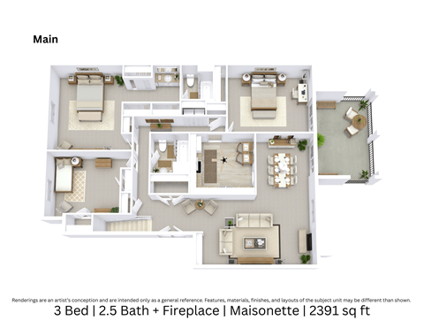 Floor plan for 3 beds, 2.5 baths, 2391 sqft